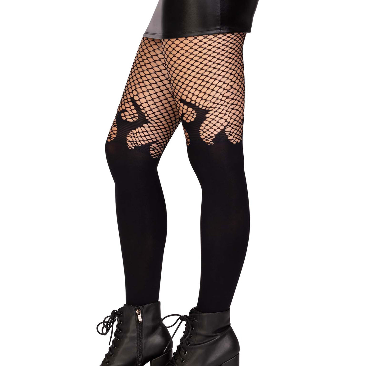 Opaque Flame Tights With Fishnet Top - One Size -  Black Leg Avenue