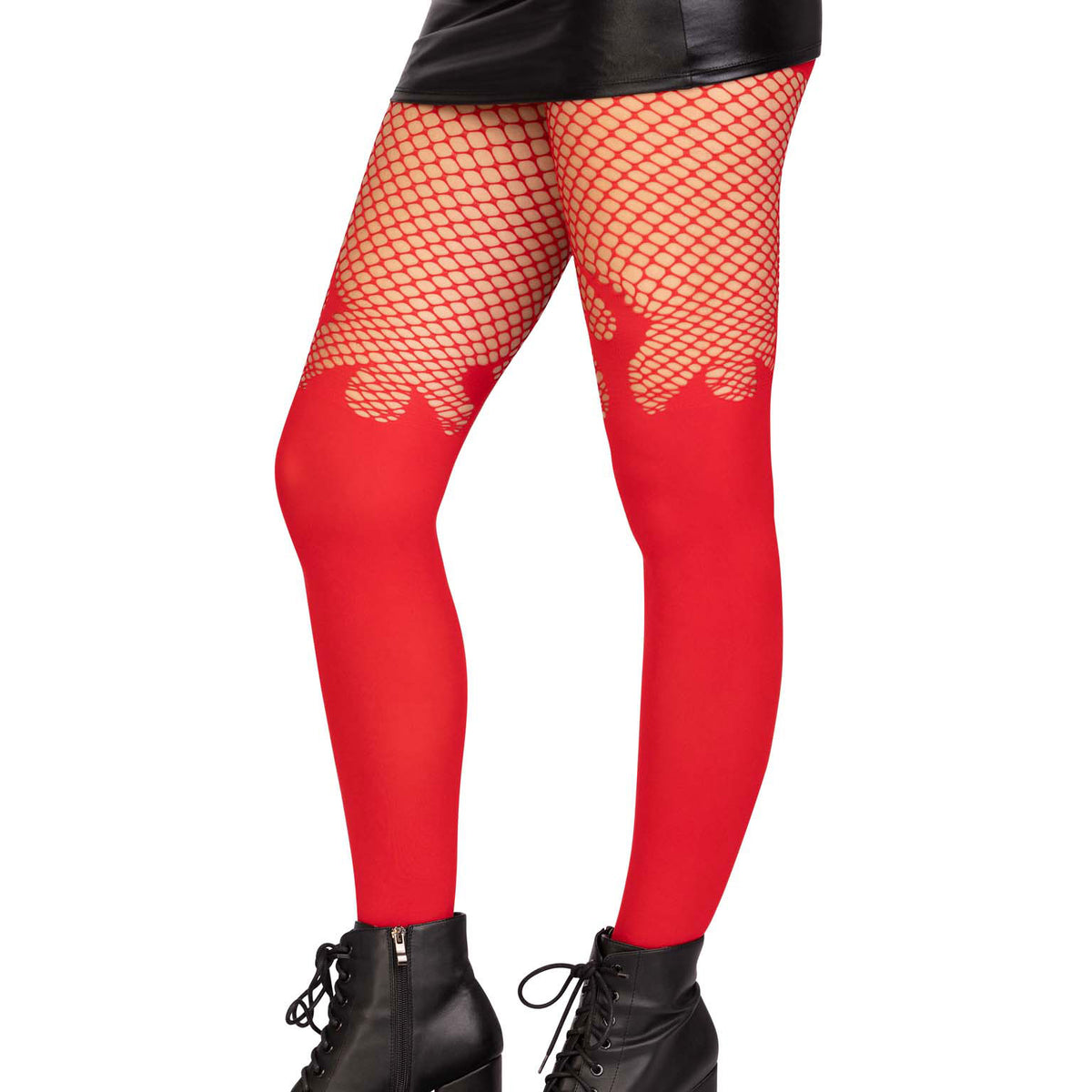 Opaque Flame Tights With Fishnet Top - One Size -  Red Leg Avenue