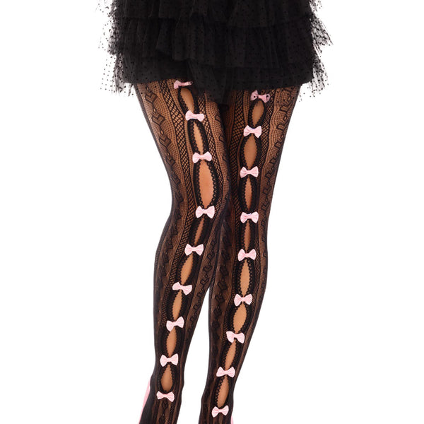 Sweetheart Striped Net Tights With Keyhole and  Mini Bow Detail - One Size - Black Leg Avenue