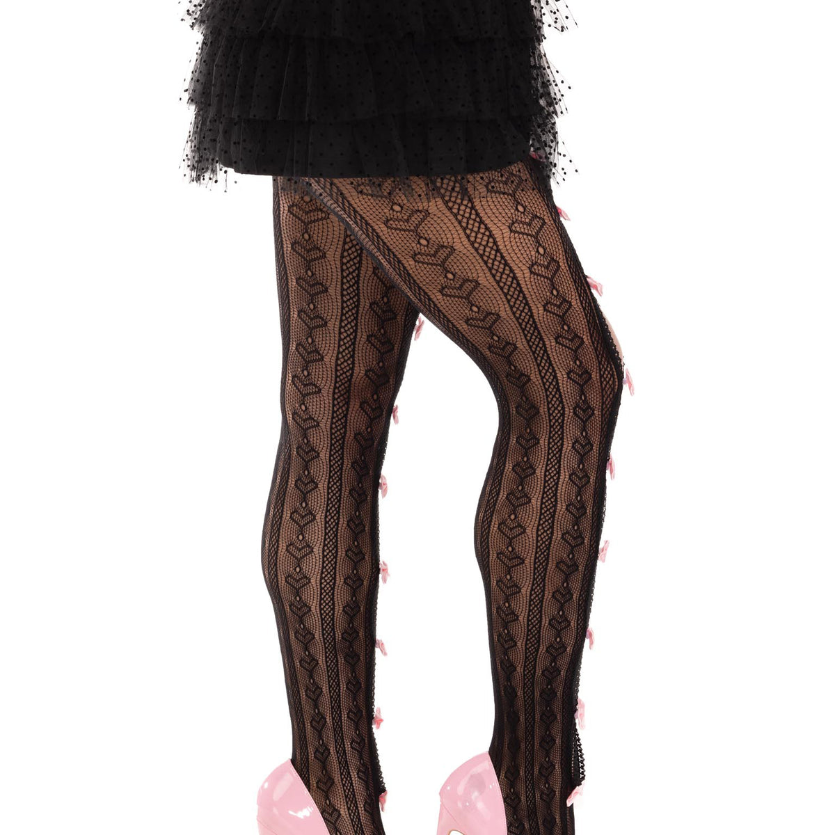 Sweetheart Striped Net Tights With Keyhole and  Mini Bow Detail - One Size - Black Leg Avenue