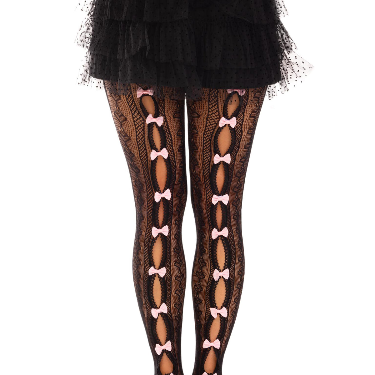 Sweetheart Striped Net Tights With Keyhole and  Mini Bow Detail - One Size - Black Leg Avenue