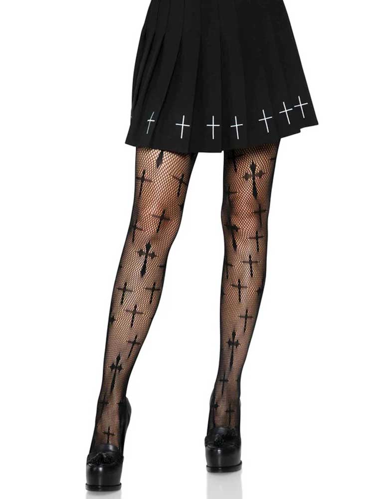 Worship Me Cross Net Tights - 1x/2x - Black Leg Avenue