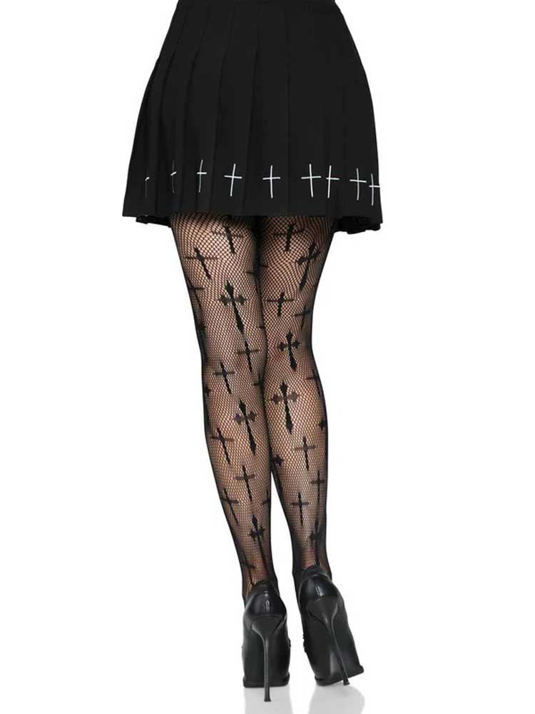 Worship Me Cross Net Tights - 1x/2x - Black Leg Avenue