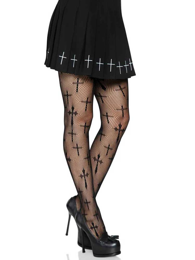 Worship Me Cross Net Tights - 1x/2x - Black Leg Avenue