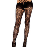 Vine Lace Strappy Wrap Around Crotchless Tights - One Size - Black Leg Avenue