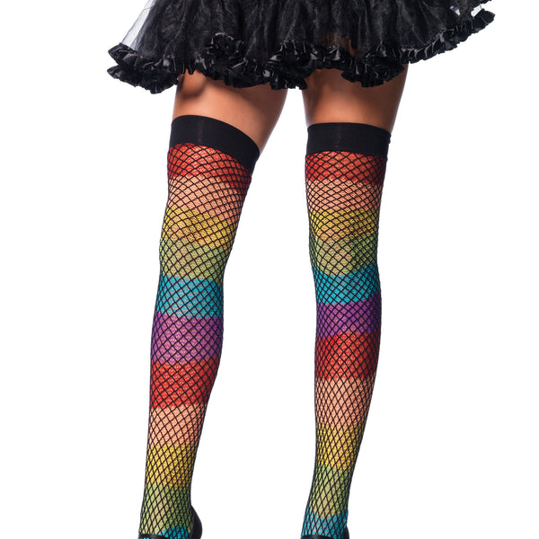 Rainbow Thigh Highs With Fishnet Overlay - One Size Leg Avenue