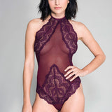 High Neck Scalloped Trim Lace Teddy With Sheer  Back - One Size - Burgundy Music Legs