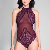 High Neck Scalloped Trim Lace Teddy With Sheer  Back - One Size - Burgundy Music Legs