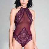 High Neck Scalloped Trim Lace Teddy With Sheer  Back - One Size - Burgundy Music Legs