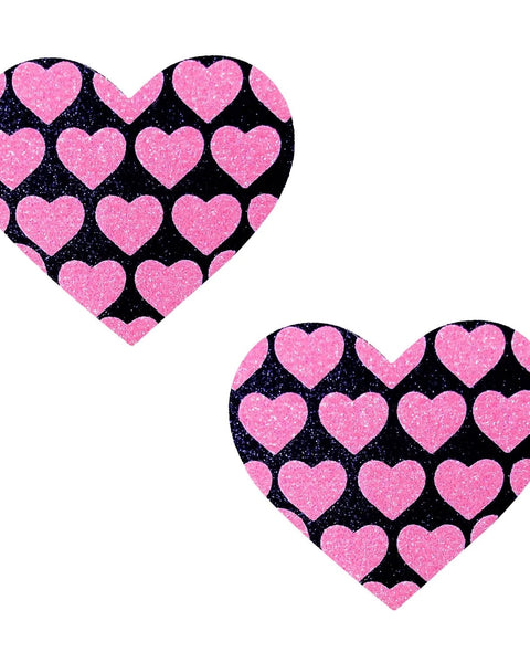 Pink Heart Neon Valentines Black Glitter Heart  Nipple Cover Pasties Neva Nude