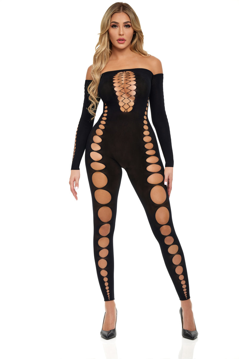 Boujee Gang Bodystocking - One Size - Black Pink Lipstick