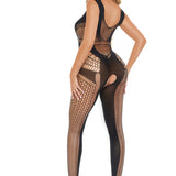 Catch Feelings Crotchless Bodystocking - One Size  - Black Pink Lipstick