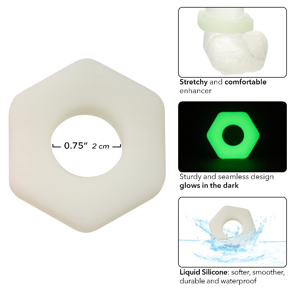 Alpha Glow-in-the-Dark Liquid Silicone Prolong  Sexagon Ring - White CalExotics