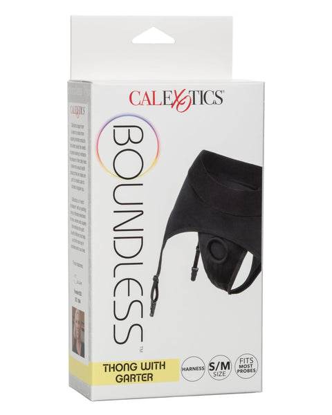 Boundless Thong With Garter - S/m - Black CalExotics