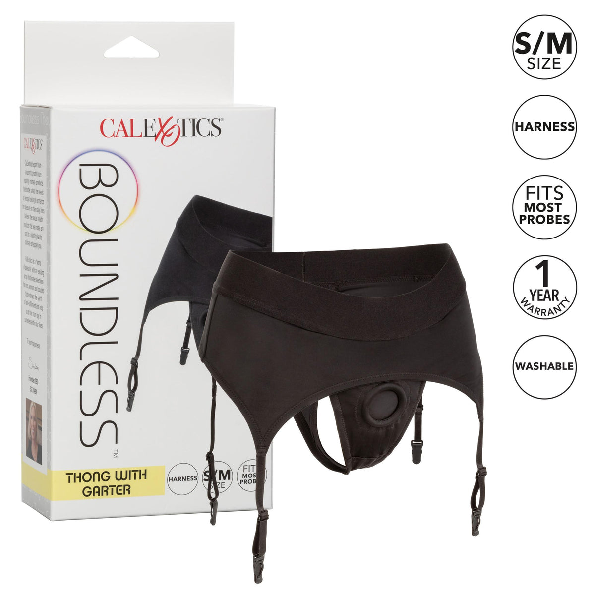 Boundless Thong With Garter - S/m - Black CalExotics