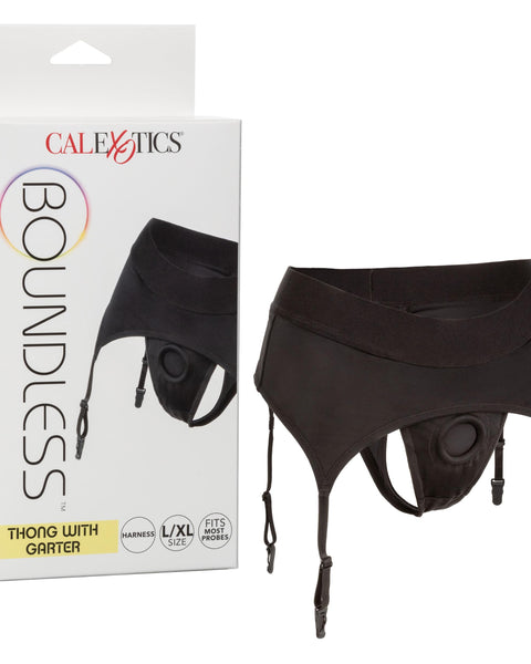 Boundless Thong With Garter - L/xl - Black CalExotics