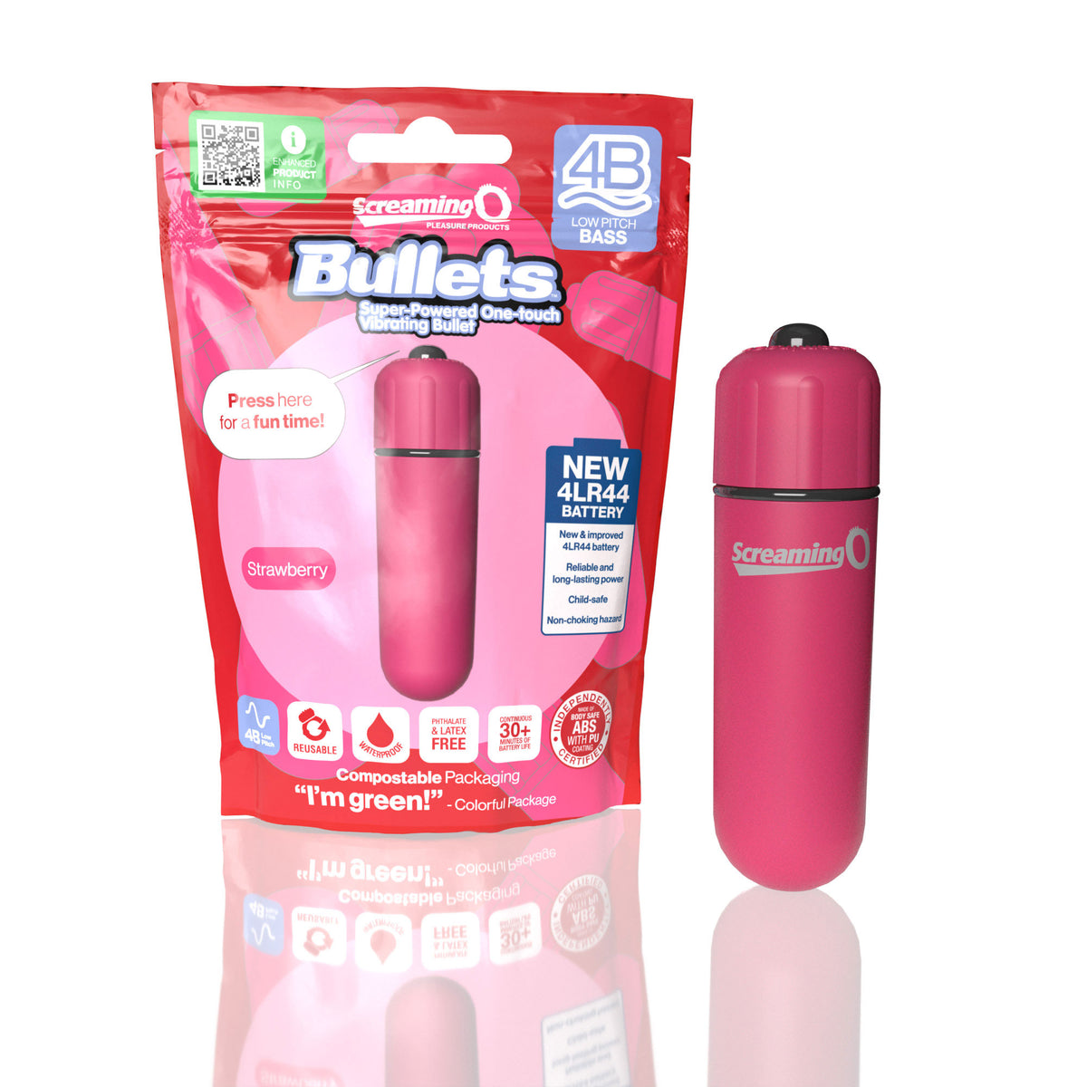 Screaming O 4b - Bullet - Super Powered One Touch  Vibrating Bullet - Strawberry Screaming O