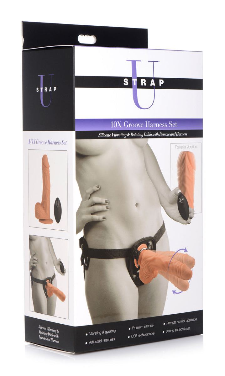 10x Groove Harness With Vibrating & Rotating Dildo - Flesh XR Brands Strap U