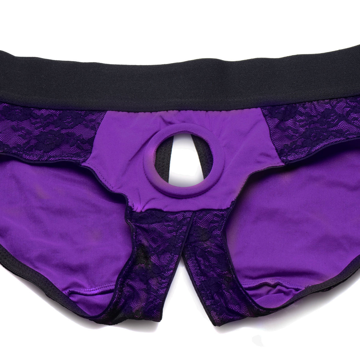 Lace Envy Crotchless Panty Harness - Black and Purple XR Brands Strap U