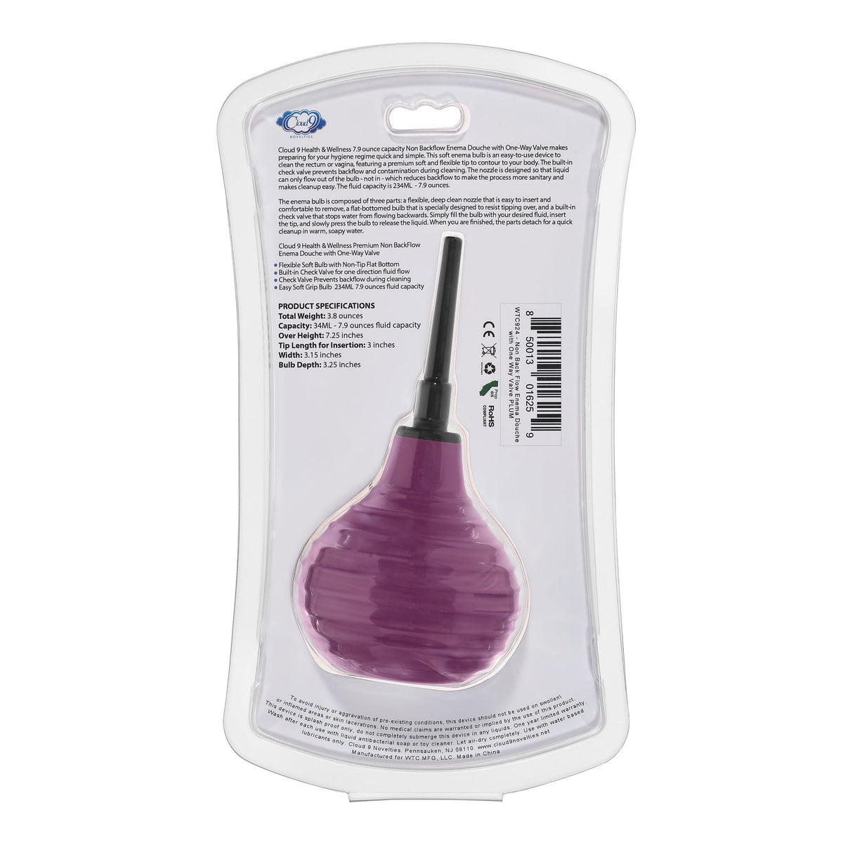 Health and Wellness Deluxe Enema Douche Non- Backflow One-Way Valve -  7.9 Fl. Oz. - Plum Cloud 9 Novelties