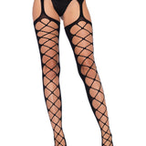 Diamond Net Opaque Stockings With Attached Garter - Black - One Size LA-1778