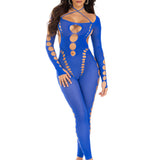 Opaque Cut Out Footless Bodystocking - One Size -  Royal Blue LA-89324RBLUOS