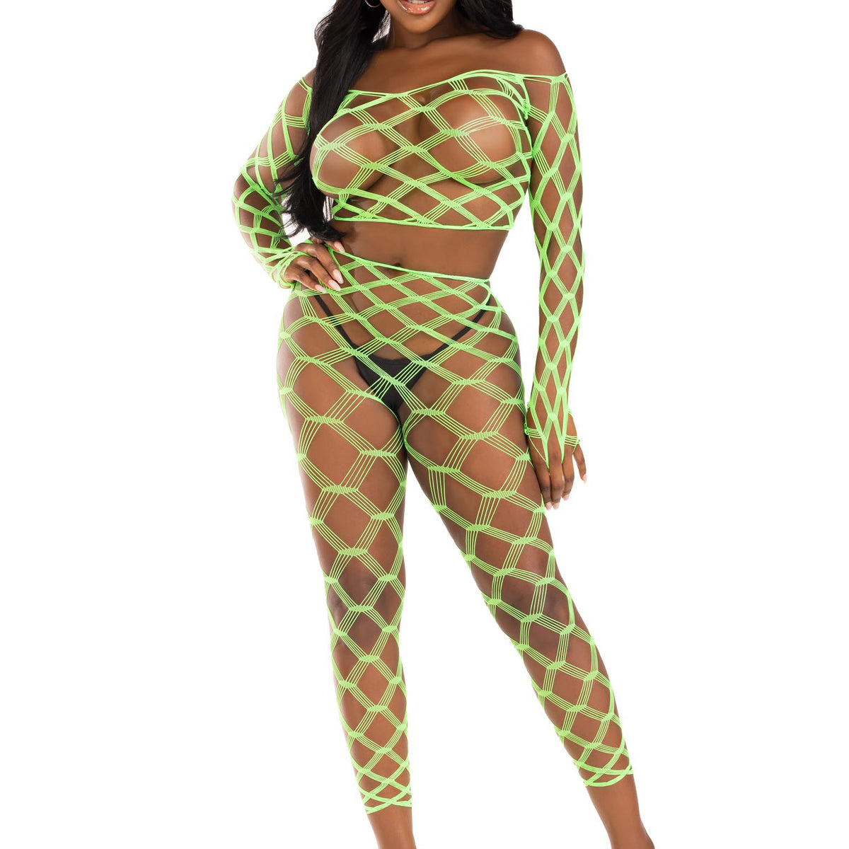 2 Pc Net Crop Top and Footless Tights - One Size - Neon Green LA-89325NGRNOS