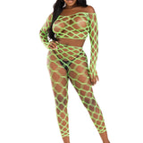 2 Pc Net Crop Top and Footless Tights - One Size - Neon Green LA-89325NGRNOS