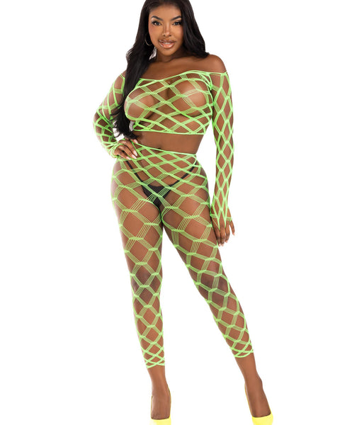 2 Pc Net Crop Top and Footless Tights - One Size - Neon Green LA-89325NGRNOS