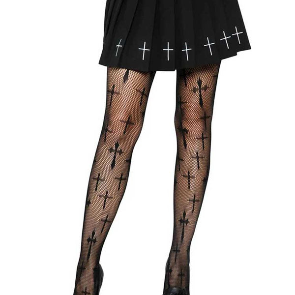 Worship Me Cross Net Tights - 1x/2x - Black LA-9753XBLK1X2