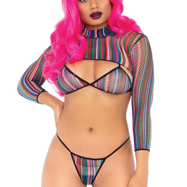 3 Pc Fishnet Bikini G-String and Crop Top - One Size - Multicolor LA-81607MULTI