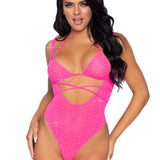 2 Pc. Rhinestone Wrap Around Bikini Top and Suspender Bodysuit - One Size - Neon Pink LA-89284NPNK